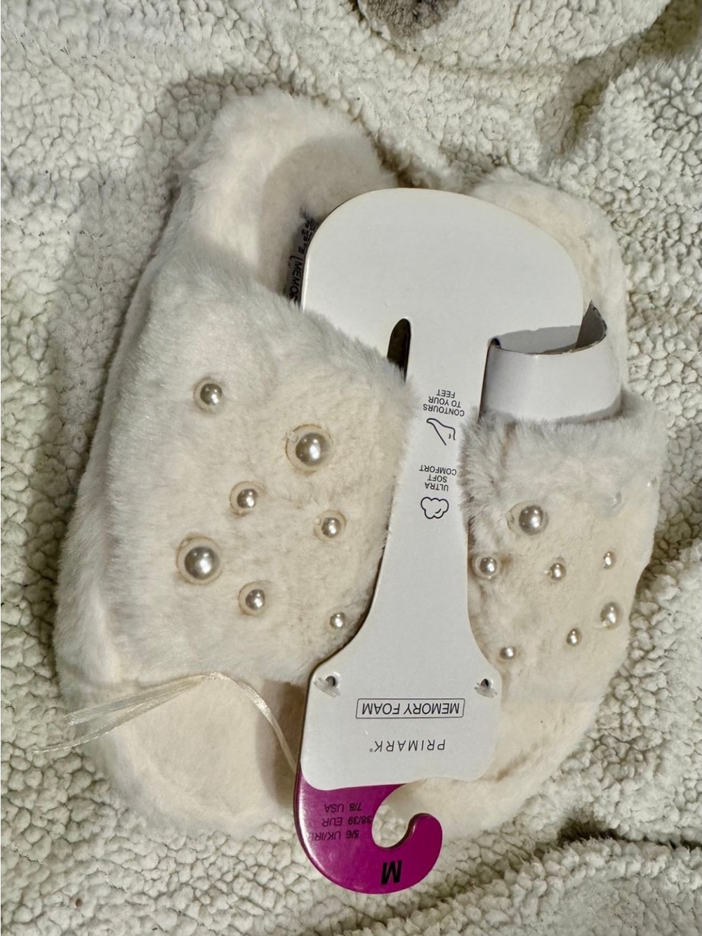 Primark Cream Faux Fur Slippers with Pearl Detail
